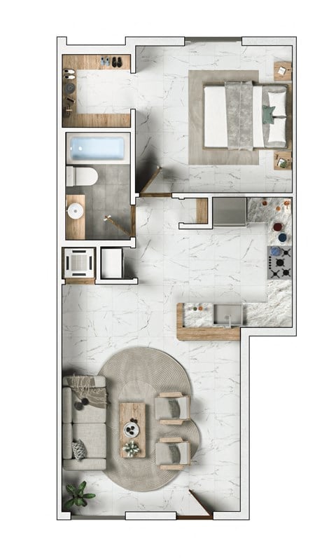 Floor plan for 1 bed, 1 bath, 700 sqft